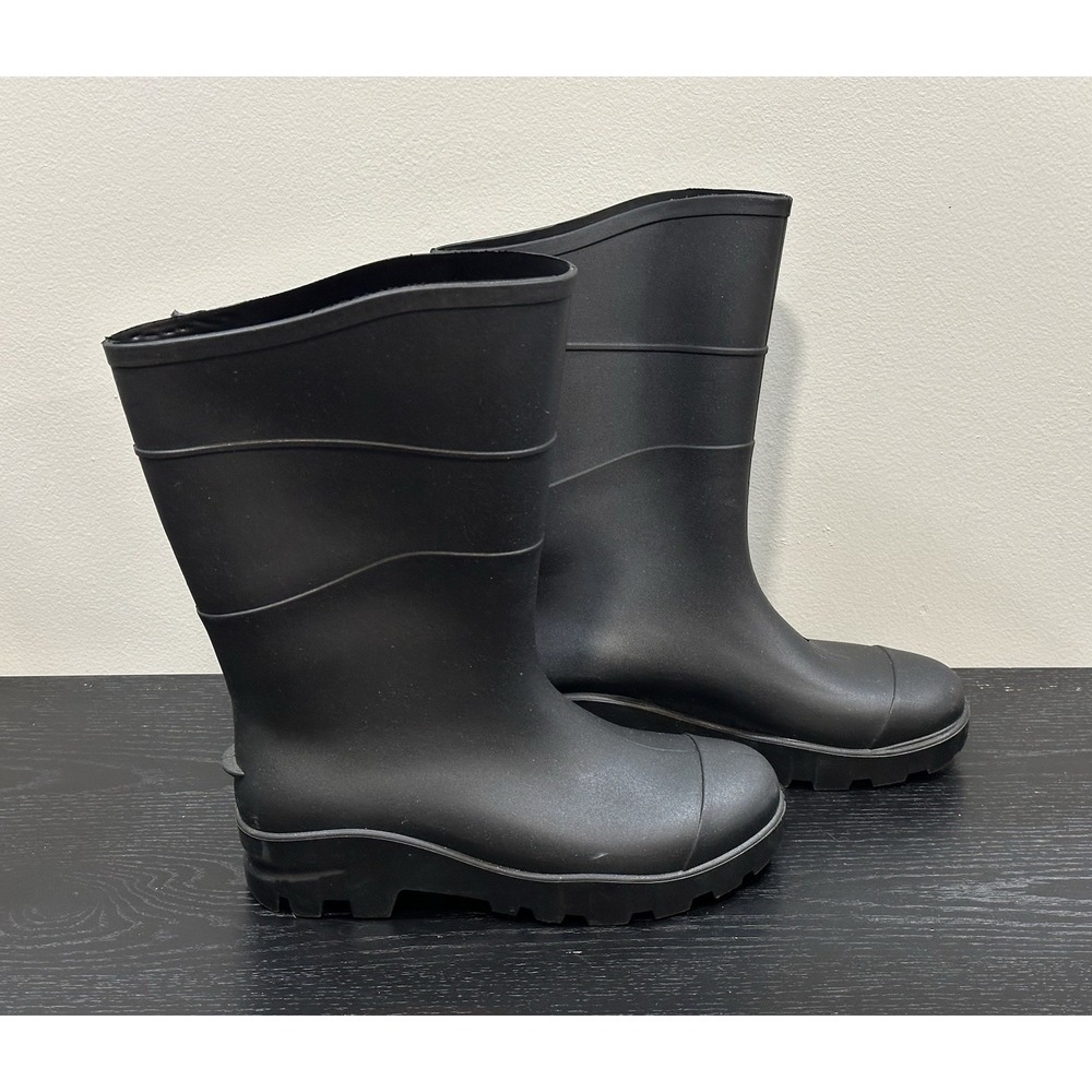 Black Rubber Waterproof Pull-On Mid-Calf Rain Boots Round Toe Mens 6 Woman's 8